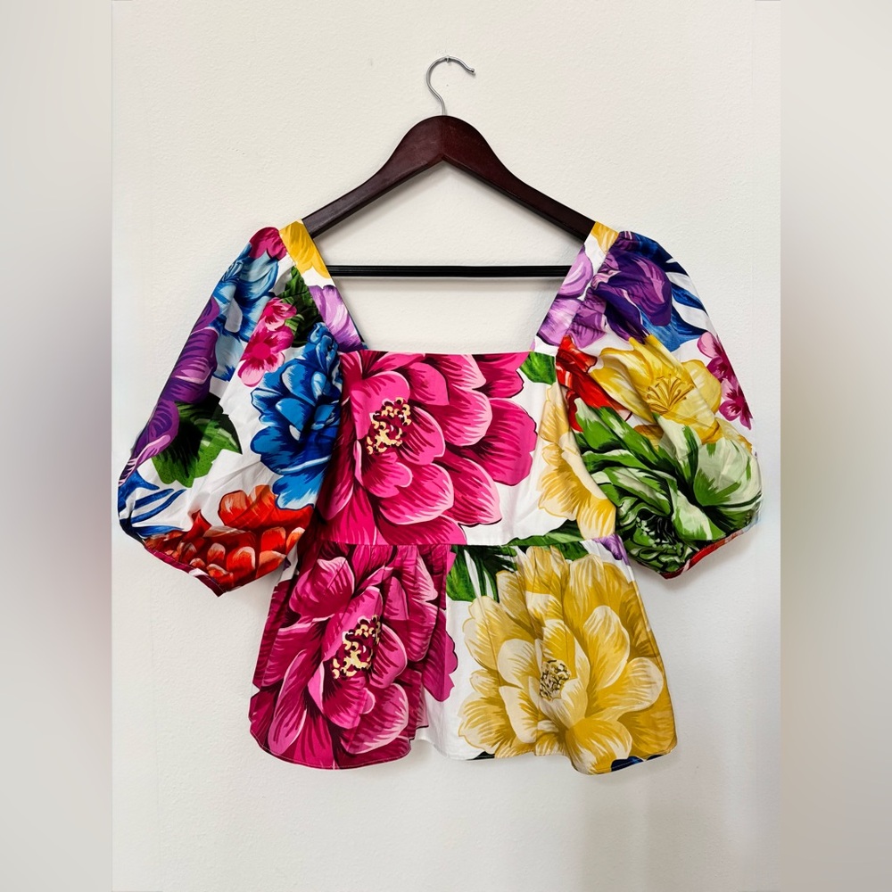 FARM Rio Rainbow Chita Floral Blouse Square Neck Puff Sleeve Boho Top | Size XS